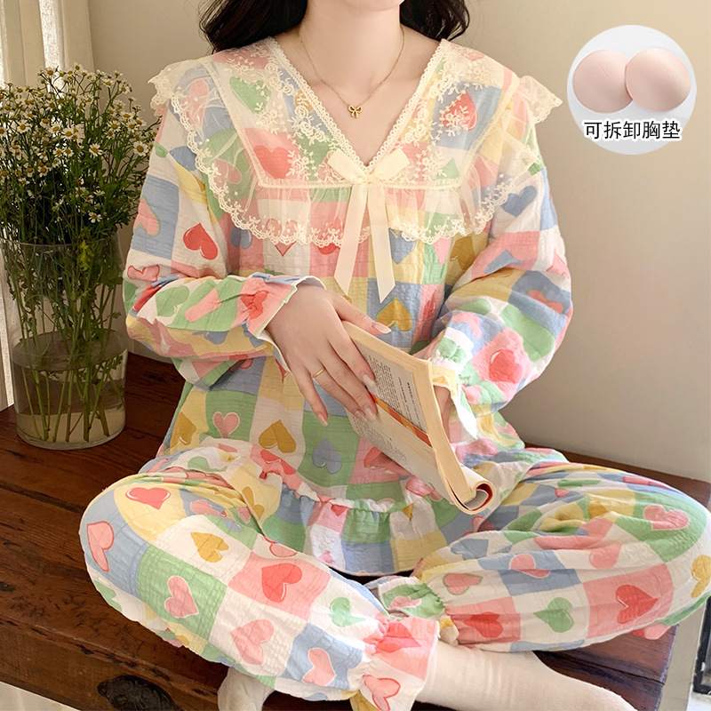 云朵棉睡衣女春秋季新款带胸垫花边长袖长裤公主风卡通家居服套装|undefined