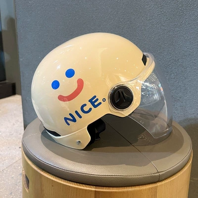 3C certified electric vehicle helmet, national standard, summer sun protection, motorcycle and electric scooter helmet, suitable for couples, all-season, unisex, with smiley face design (Motosiklet dəbilqələri) - khaki-huiqi-transparent-long-mirror-clearance-sale