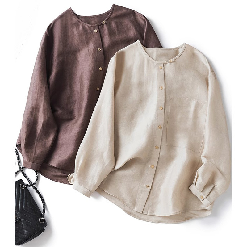 Old Money Style Linen Mulberry Silk Glossy Chinese Style New Chinese Round Neck Long-Sleeved Shirt Women's Loose Top