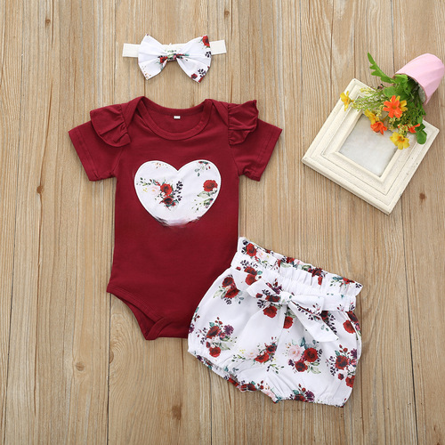 Amazon Summer Pure Cotton Jujube Red Embroidered Heart Short Sleeve Flared Dress with Floral Waistband and Small Shorts with Knot Belt