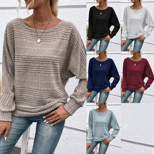 2025 European and American Amazon Autumn and Winter New Style Comfortable and Casual Pure Color Long-Sleeved Round Neck Splicing Pullover Top T-Shirt for Women