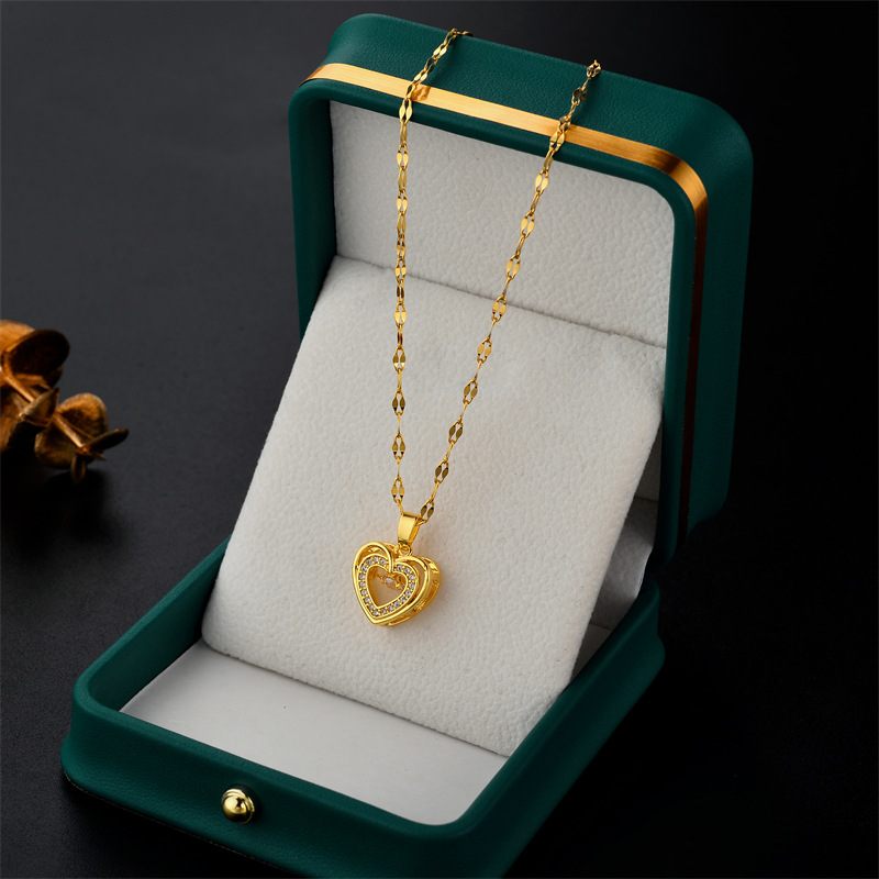 Copper Pendant Material Zircon Inlay Material Pendant Necklace Classification 304 Stainless Steel Chain Material PVD Coated Real Gold Plated Heart Shape Stainless Steel Lady Waterproof Non Tarnish Titanium Steel Pendant Necklace