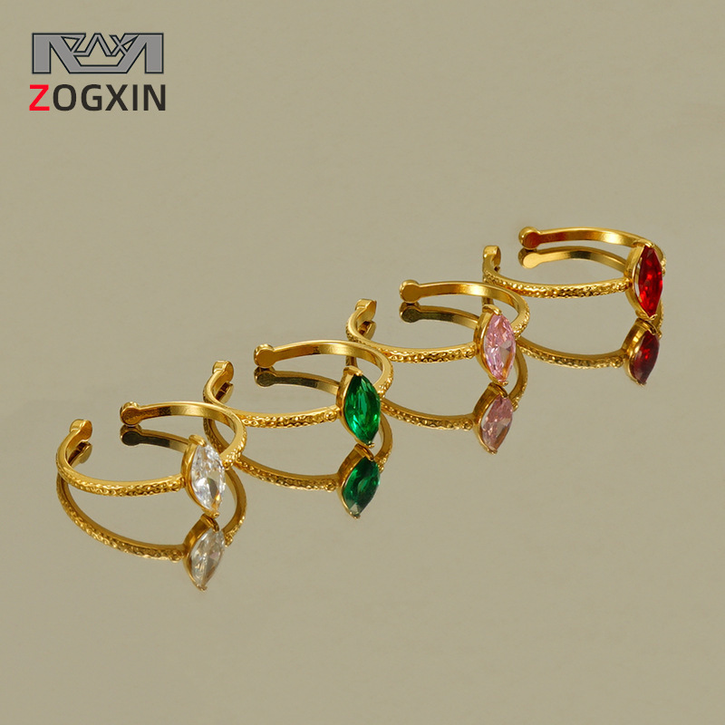 Transfronterizo nuevo acero inoxidable con incrustaciones de circón caballo ojo anillo europeo y americano todo partido titanio acero luz lujo anillo abierto en stock al por mayor