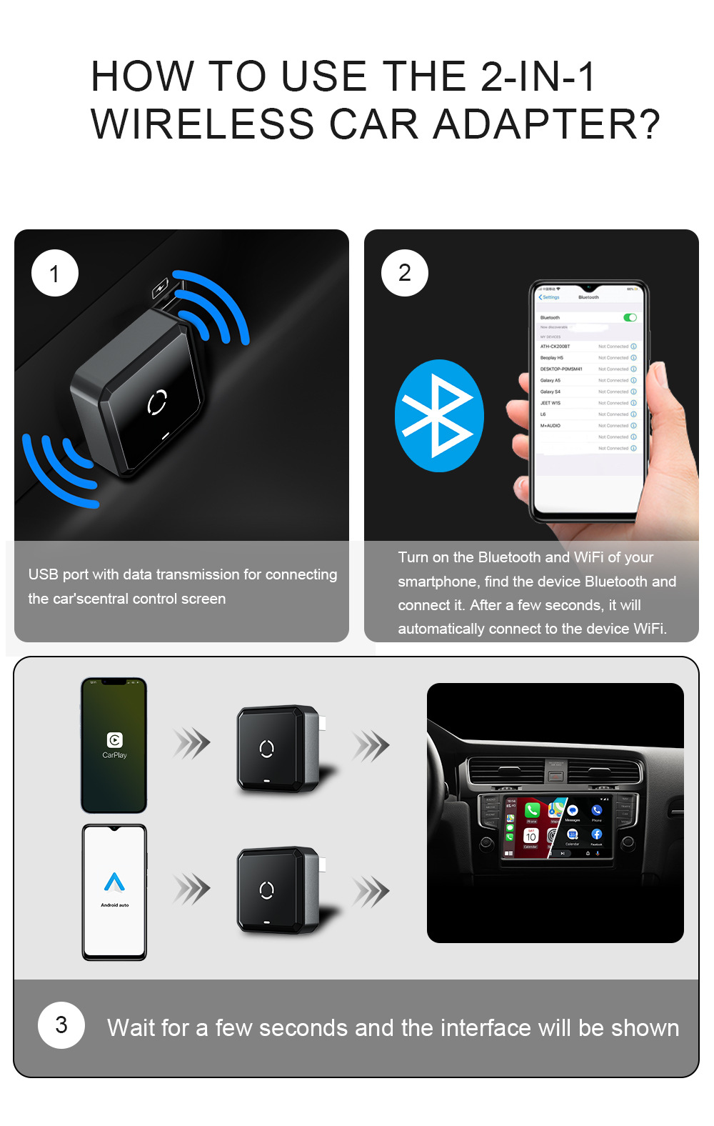 Cross-Border Best-Selling Wired-To-Wireless Carplay/Android Auto Adapter, New Model for Universal Car-Machine Connectivity