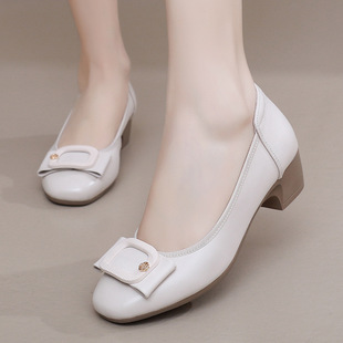 Genuine Leather Casual, Comfortable and Versatile Retro Bow Work Women's Shoes Thick Heel Large Size Round Toe Medium Heel Four-Season Women's Shoes