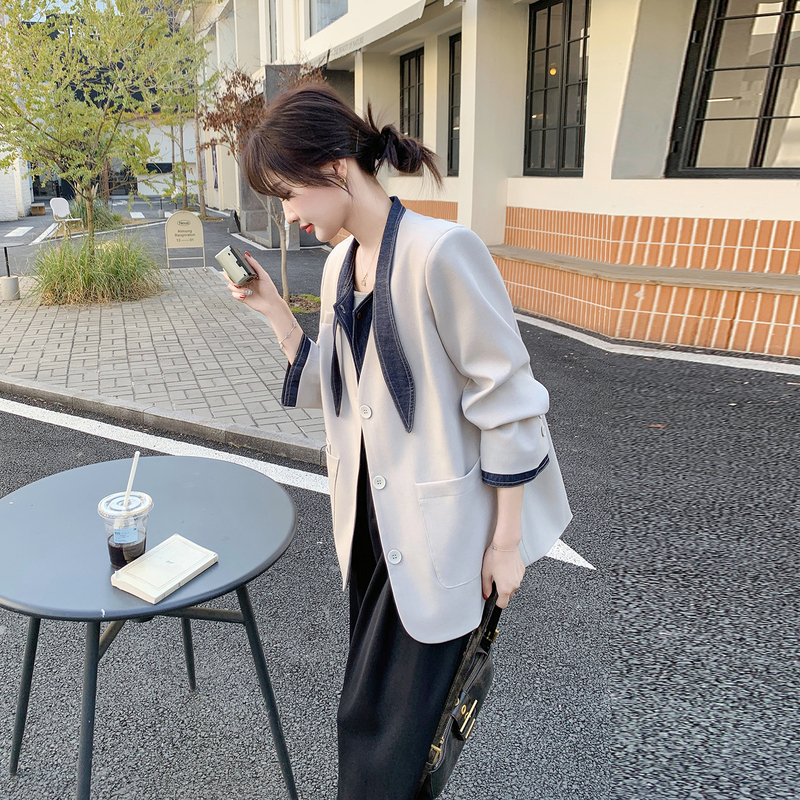 设计感牛仔拼接假两件西装外套女2025秋季新款韩系感气质超火百搭|undefined