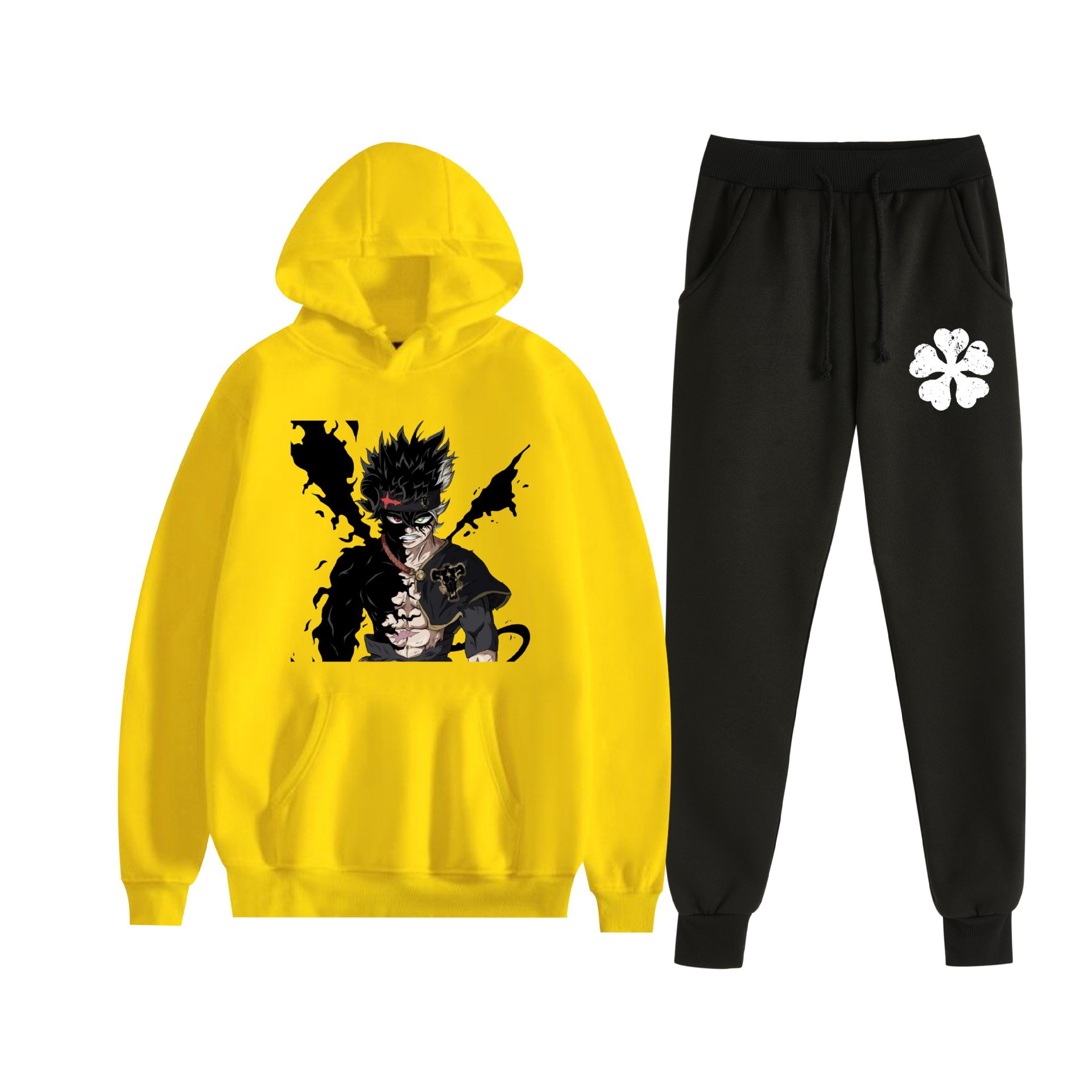 Europa y América otoño e invierno negro trébol de cuatro hojas periférico bidimensional hombres y mujeres deportes de ocio más suéter con capucha de terciopelo traje al por mayor