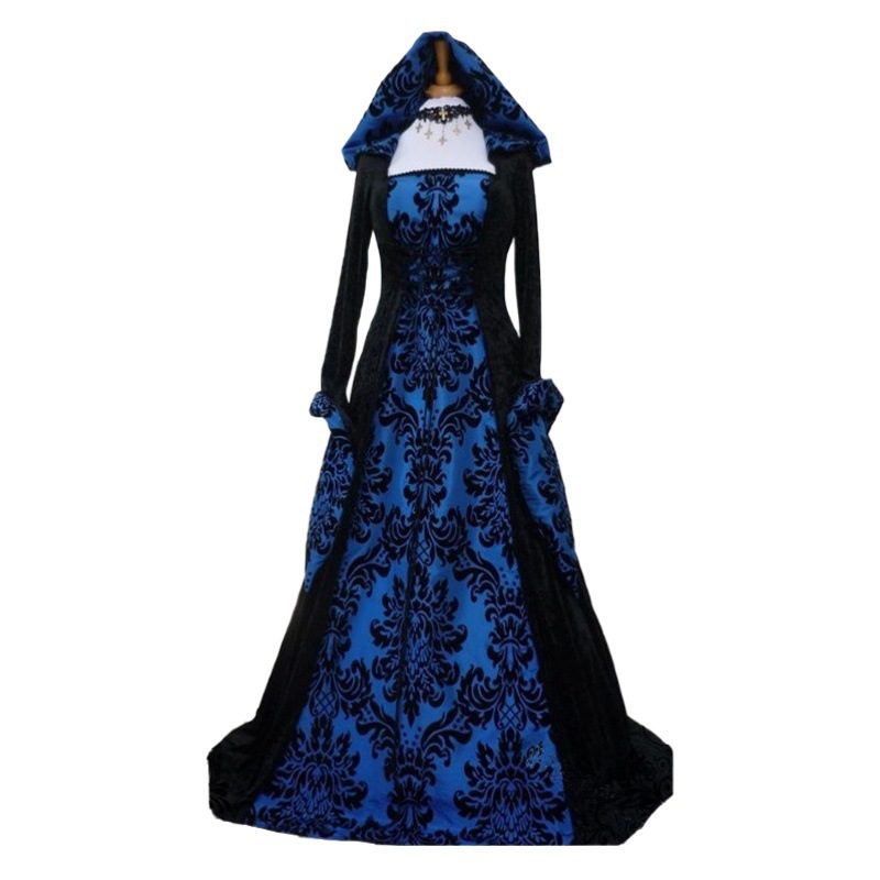 Las mujeres europeas y americanas populares cena medieval con capucha gran swing vestido impreso retro artístico de manga larga con cordones de cintura