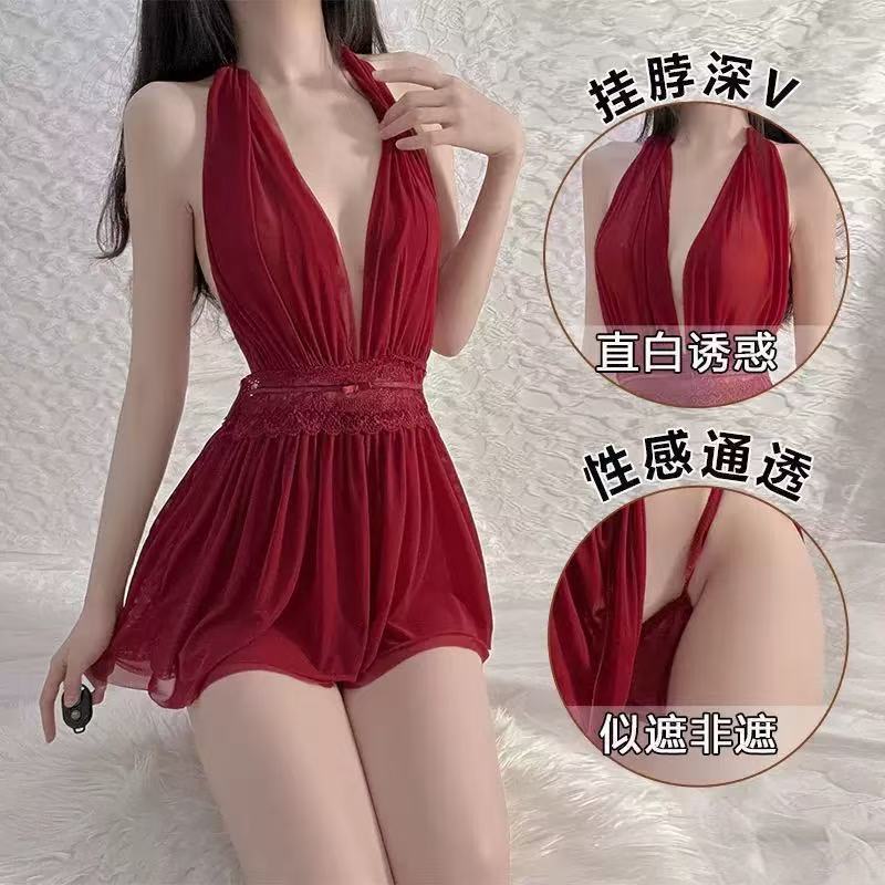 Lianjiao Erotic Lingerie Halter Dress Pure Desire French Nightgown Uniform Mesh Seductive Backless See-Through Sexy Dress