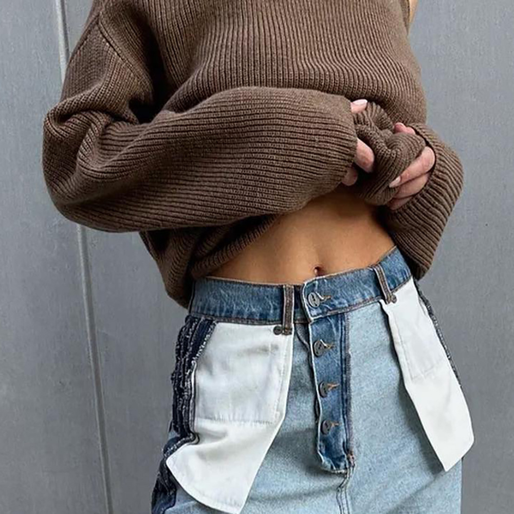 Off-Shoulder High Neck Sweater – Oversized Knit Top With Slouchy Drop Shoulder & Openwork Details (S-L, Brown)_voghion.com