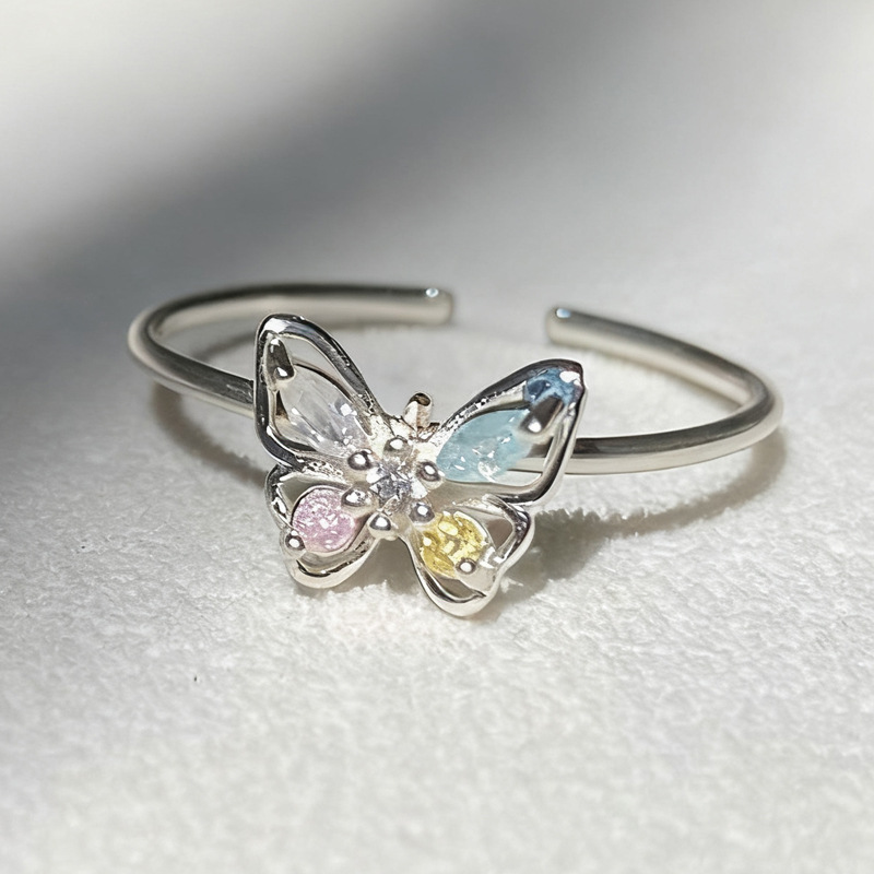 Butterfly Ring Women's Summer Atmosphere Inlaid Colored Zirconium Ring Daily Casual Colorful Dream Butterfly Food Ring Opening