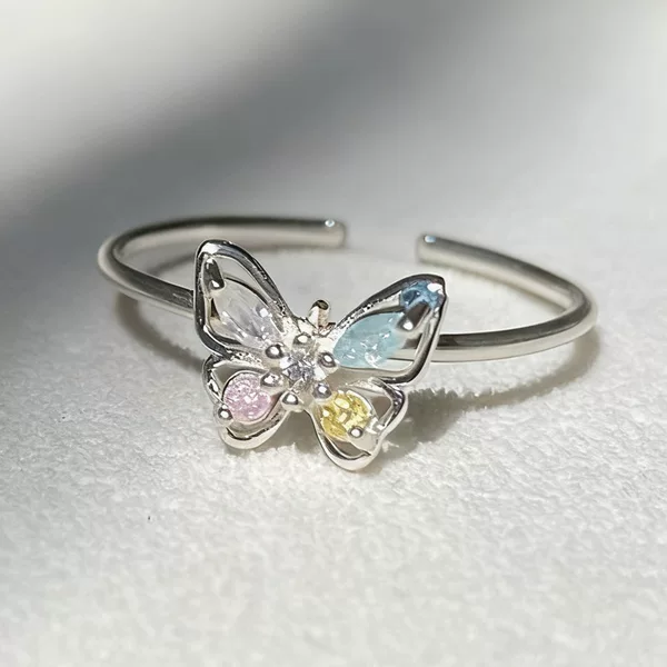 Butterfly Ring Women's Summer Atmosphere Inlaid Colored Zirconium Ring Daily Casual Colorful Dream Butterfly Food Ring Opening