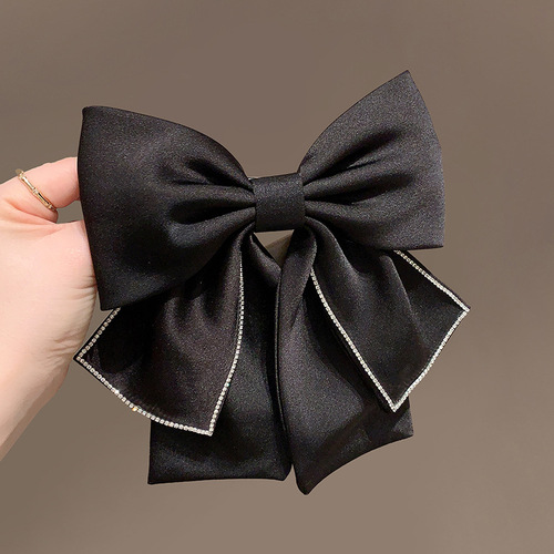 Elegant satin bow hair clip with diamond embellishments, back of head spring clip, stylish French retro hair accessory for women