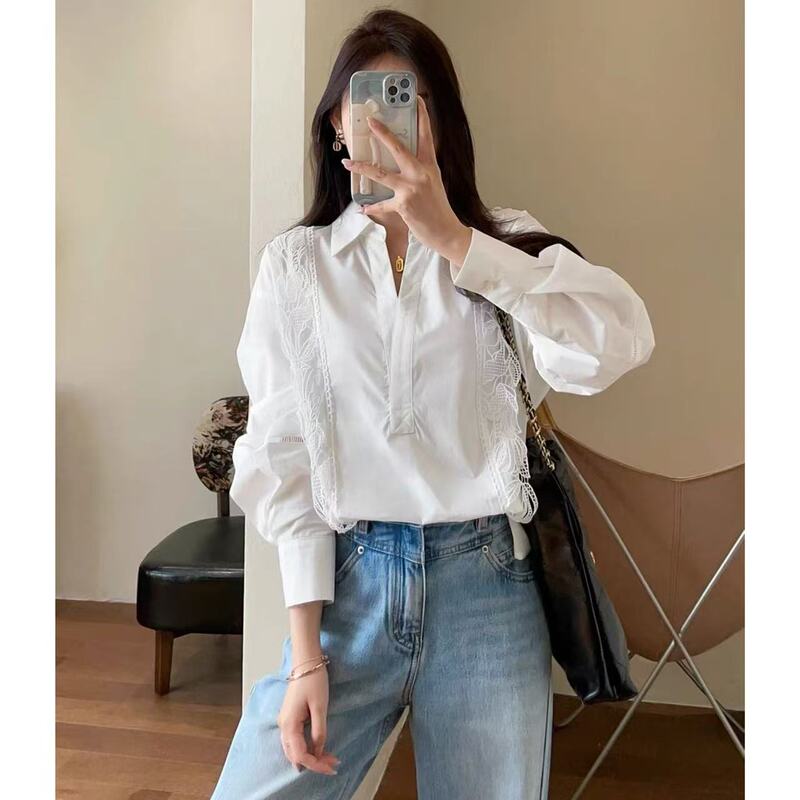 French Vintage Lace Hollow Crochet Embroidered Horse Cotton White V-neck Long Sleeve Shirt Women 25 Spring G0219H