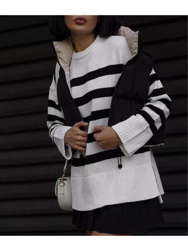 Damen-Strickpullover mit Streifen, Rundhalsausschnitt, langen Ärmeln, lässigem Rippstricksaum und Seitenschlitzen_voghion.com