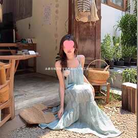 夏季韩系小清新扎染薄荷绿飘逸吊带连衣裙女新款宽松显瘦长款裙子