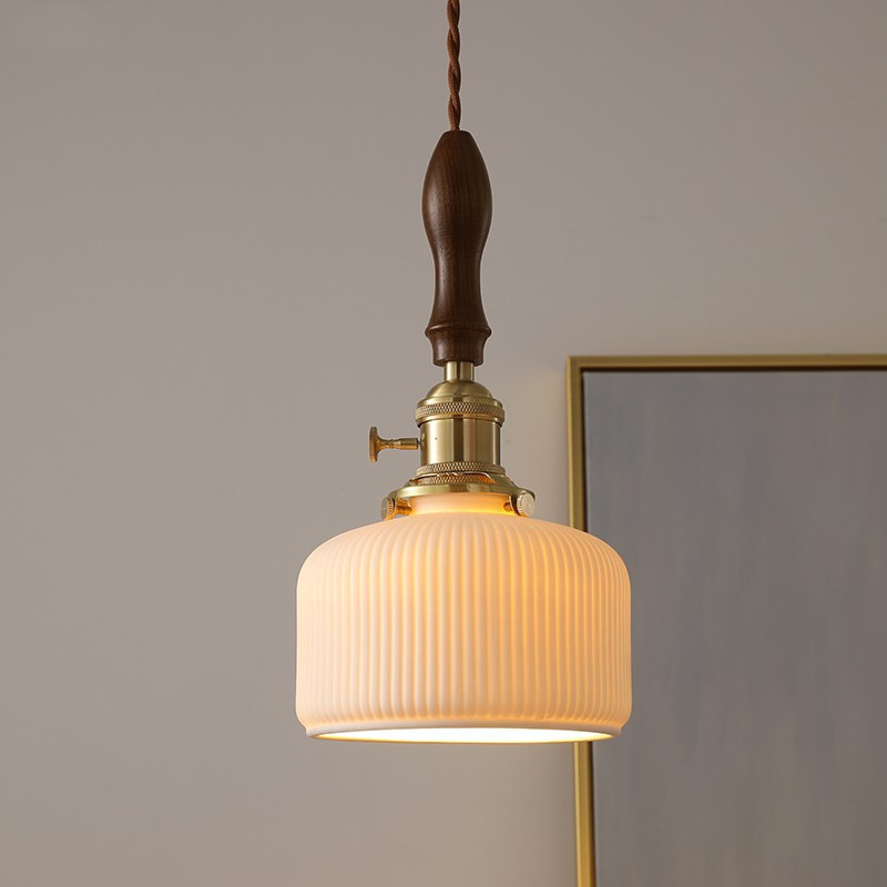 Walnut Wood Japanese Retro Ceramic All-Copper Bedroom Bedside Chandelier Cafe Brass Single-Head Chandelier