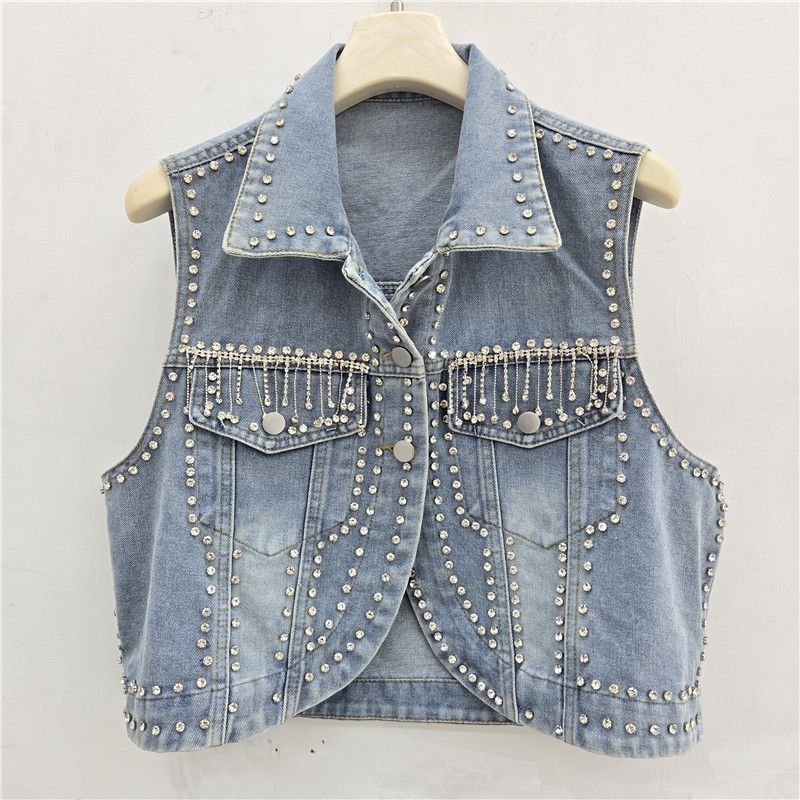 Estación europea 2026 primavera y verano nuevo diseño de industria pesada con bordas de diamante sin mangas corto chaleco de vaqueros chaqueta de mujer