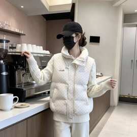 韩系甜美波点针织拼接麻花袖冬棉服女宽松短款保暖加厚面包服外套