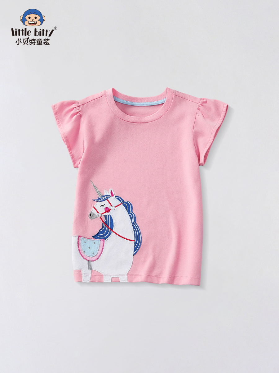 Children's Clothing Girls Short-Sleeved 25 Summer New Style Girls Pink Small Flying Sleeve T-Shirt Kidsren's Half-Sleeved T-Shirt Girls Short-Sleeved