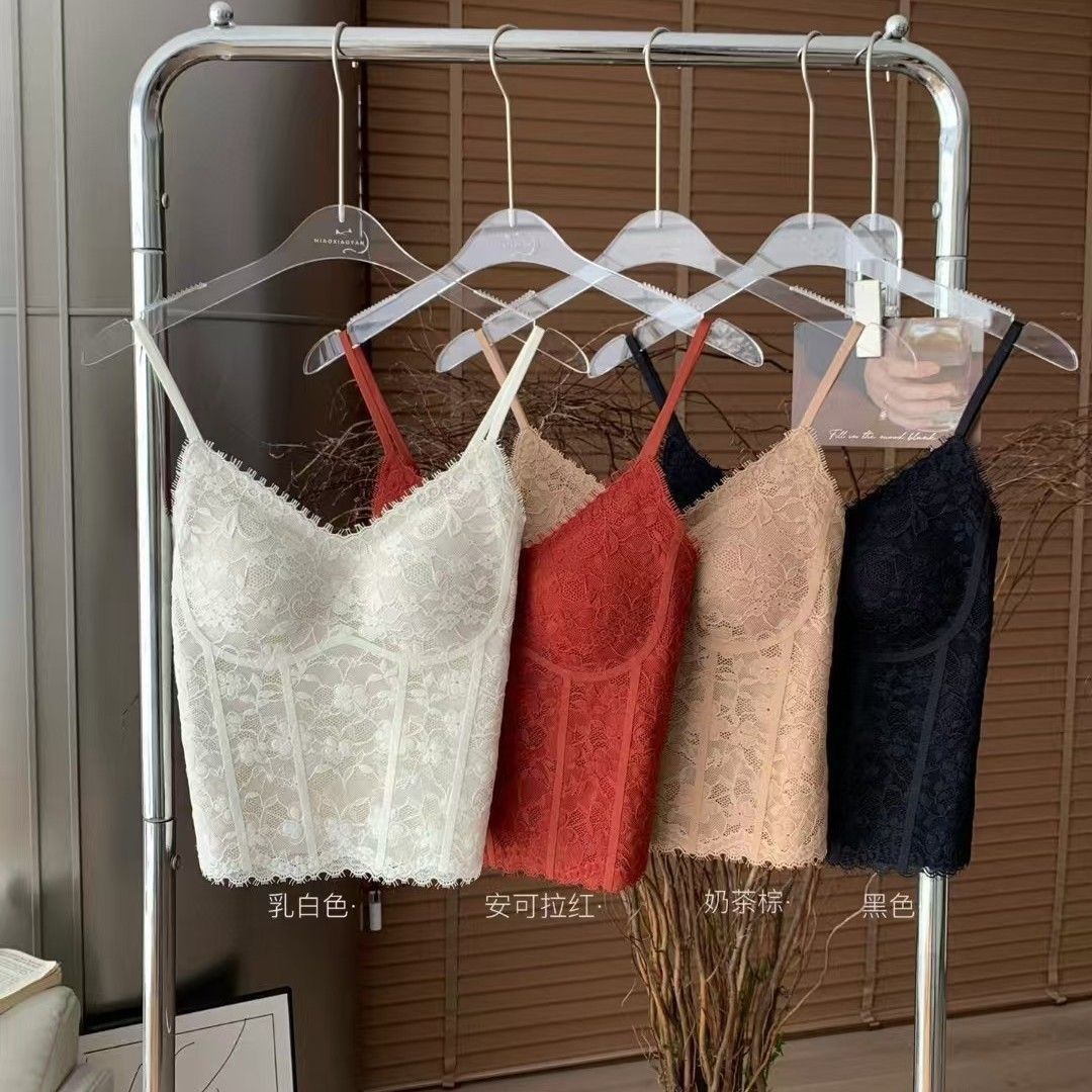 Factory Direct Sales Cross-Border Popular Pure Lust Style Retro Lace Suspenders with Breast Pads Anti-Sagging Top-Up Beautiful Back Vest for Women