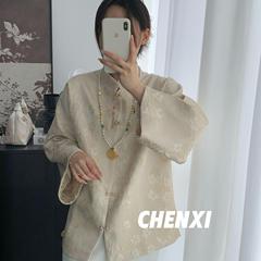 【寒枝】新中国式サテンジャカード長袖コート女性気質軽国風上着春立ち襟カーディガン