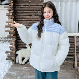 小香风拼接棉服外套女秋冬季新款学生加厚棉袄保暖立领面包服棉衣