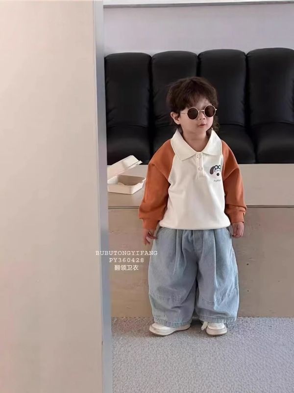 儿童秋季卫衣新款洋气插肩翻领polo可爱印花卫衣男女宝宝卡通拼接|undefined