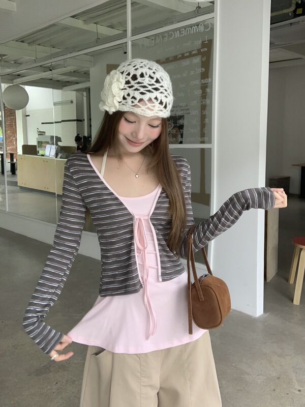 韩系复古条纹开衫外套女秋季2025新款少女感穿搭外搭披肩短款上衣|undefined