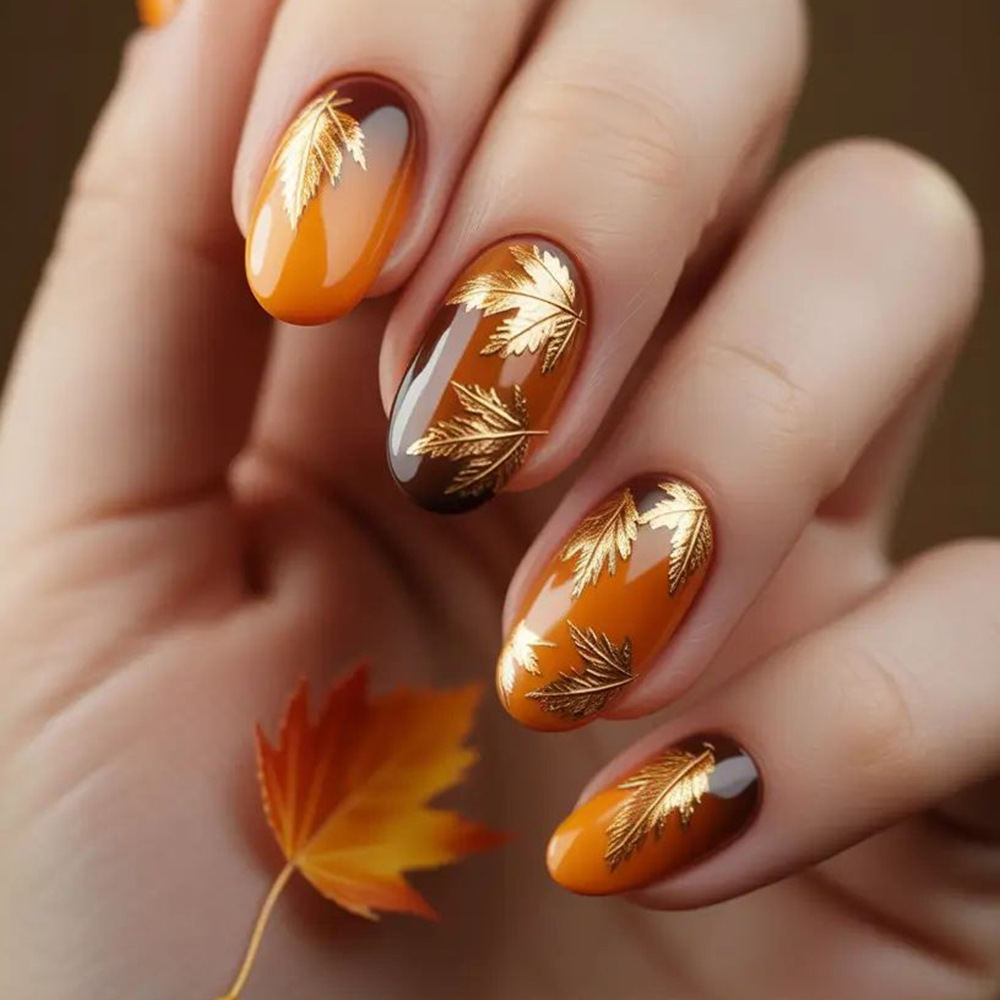 Comercio exterior estereoscópico oro de arce otoño manicure estilo de lujo retrógrado desgaste de uñas 24 piezas de parche de uñas image 1