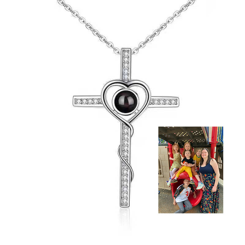 European American Cross-border Love Heart Cross Necklace With 100 Language Projection, Micro-engraved Text, Color_voghion.com