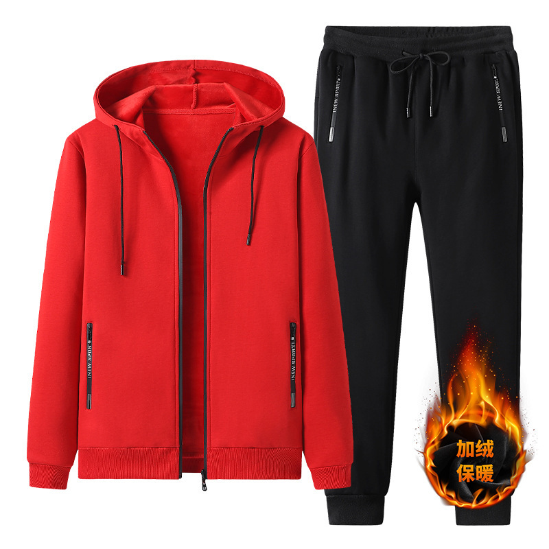 Leisure sports suit men's young and middle-aged fleece-lined thickened spring and autumn winter running warm sweater sweatpants two-piece set