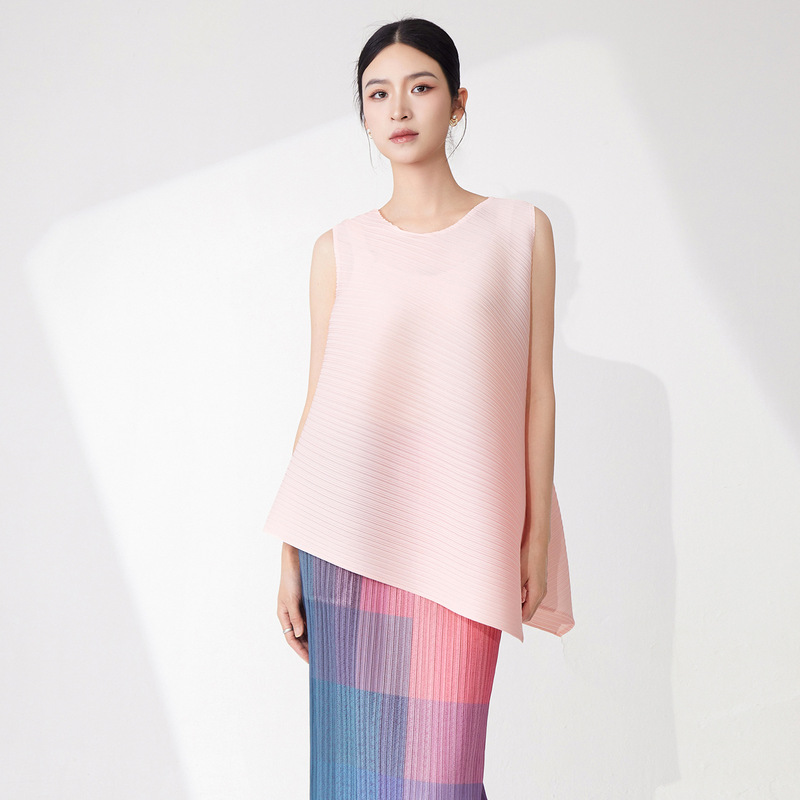 Miyake T-shirt Women's Sleeveless Summer New Loose Flesh Covering Slimming Irregular Casual All-match Vest Pleated Top