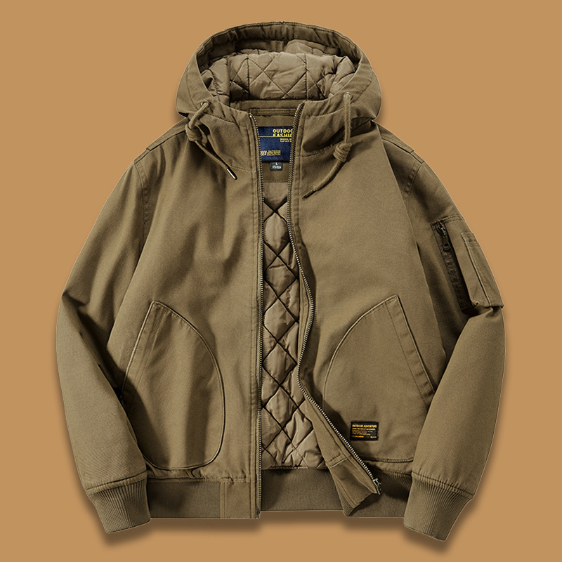 Otoño e invierno chaqueta con capucha de los hombres sueltos más tamaño gruesa chaqueta de vuelo caliente de algodón acolchado abrigo americano Retro Ropa de trabajo de algodón acolchado abrigo