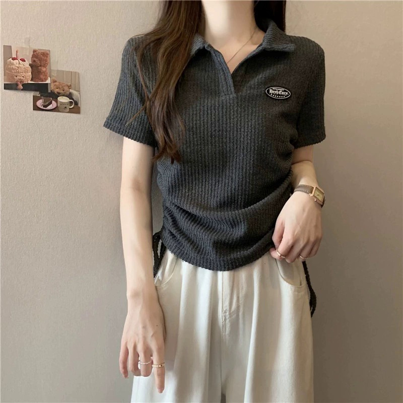 Large size American front shoulder polo neck short sleeved t-shirt for women 2024 new summer chubby mm top design_voghion.com