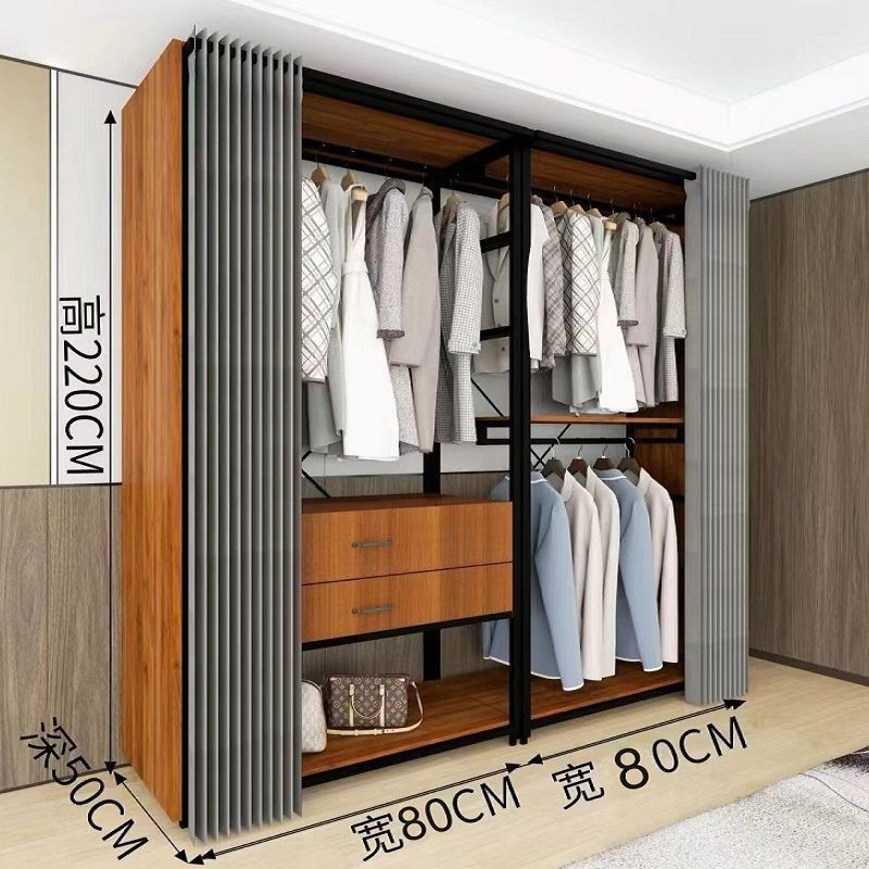 简约步入落地架子卧室金属铁艺框架挂衣架开放式衣帽间钢木衣柜子|undefined