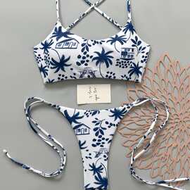 椰树印花抹胸绑带比基尼性感露背丁字裤泳装沙滩显瘦泳衣bikini