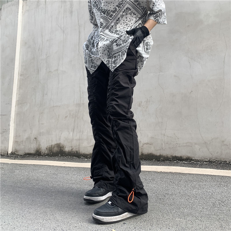 High Street Functional Vibe Style Folded Stacked Micro Horn Long Pants for Men's American Slim Fit Street Instagram Versatile Casual Pants_voghion.com