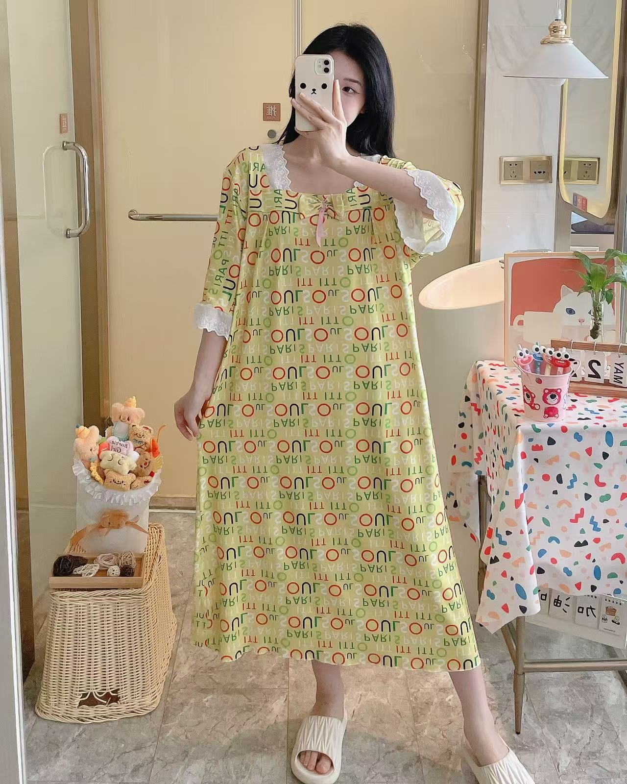 Transfronterizo al por mayor imitación de algodón dulce dibujos animados mangas cortas pijamas de primavera y otoño mujeres verano ropa larga y delgada suelta para el hogar