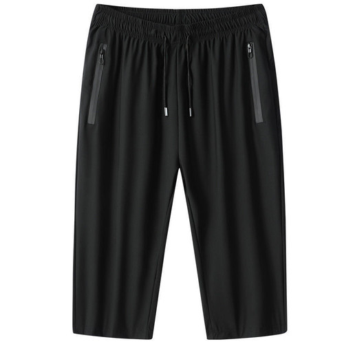 Summer thin casual pants men's sports shorts men's elastic ice silk cropped pants loose quick-drying mid-pants beach pants