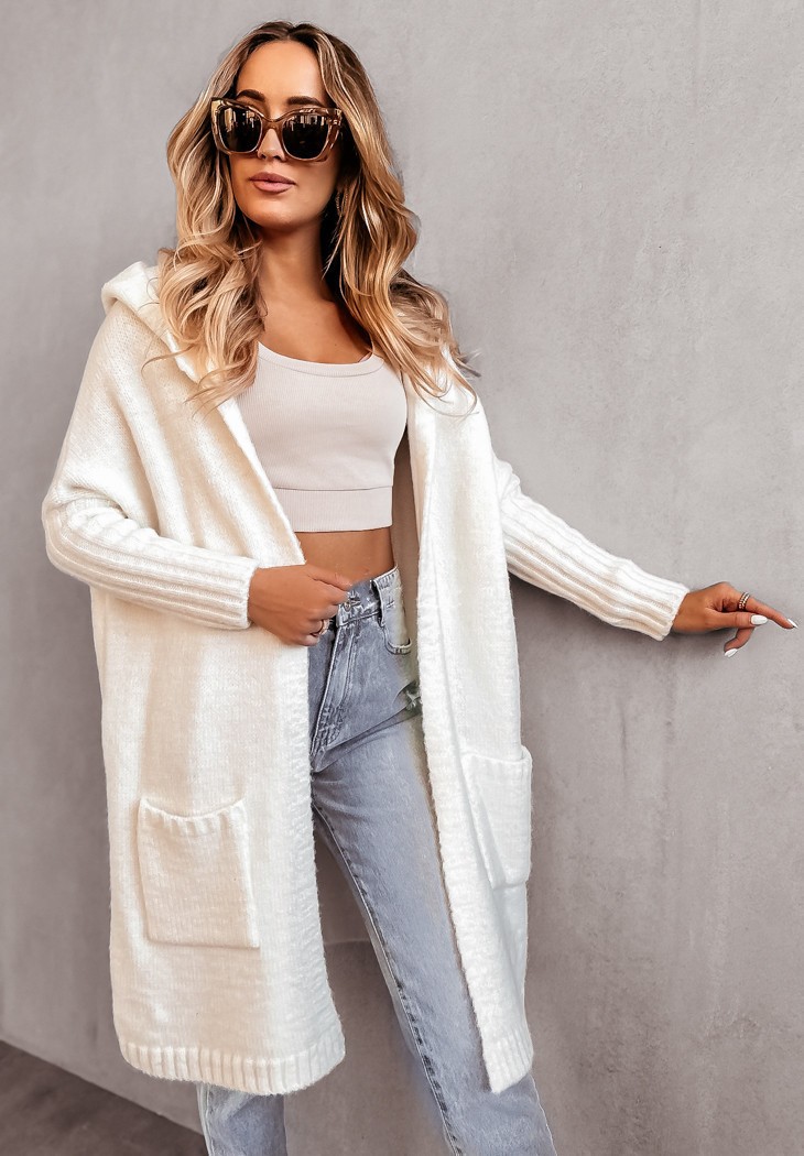 Novo suéter de malha feminino outono e inverno 2024, cardigan TikLook solto, comprimento médio, jaqueta com capuz_voghion.com