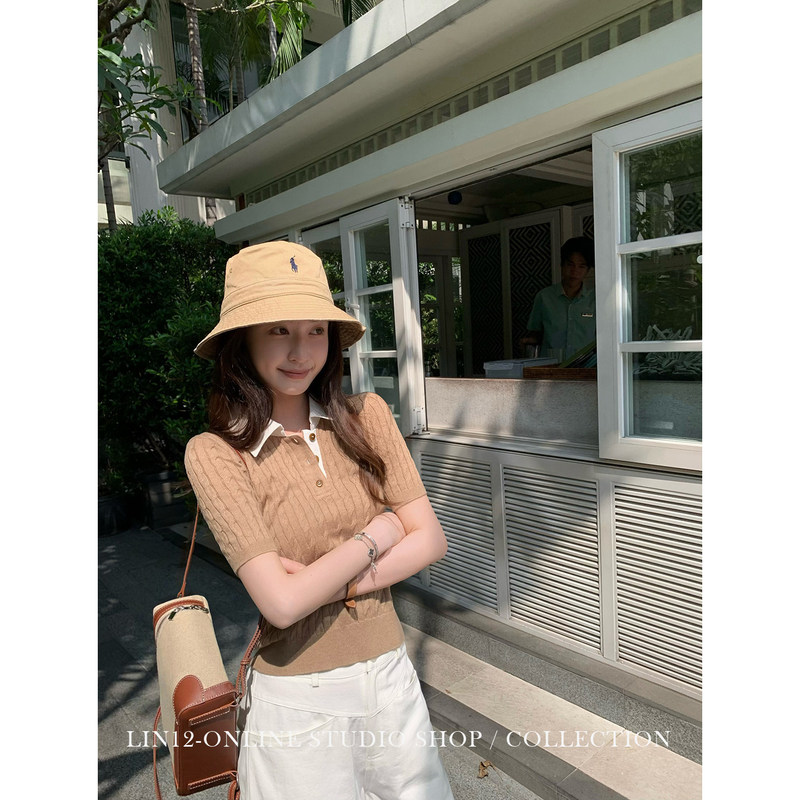 Vintage Polo Collar Cable-Knit Short-Sleeve Wool Sweater, Old Money Style, Regular Shoulder Fit, Slim-Fit Top, 2026 Spring/Summer New Model Vintage Polo Collar Cable-Knit Short-Sleeve Wool Sweater, Old Money Style, Regular Shoulder Fit, Slim-Fit Top, 2026 Spring/Summer New Model