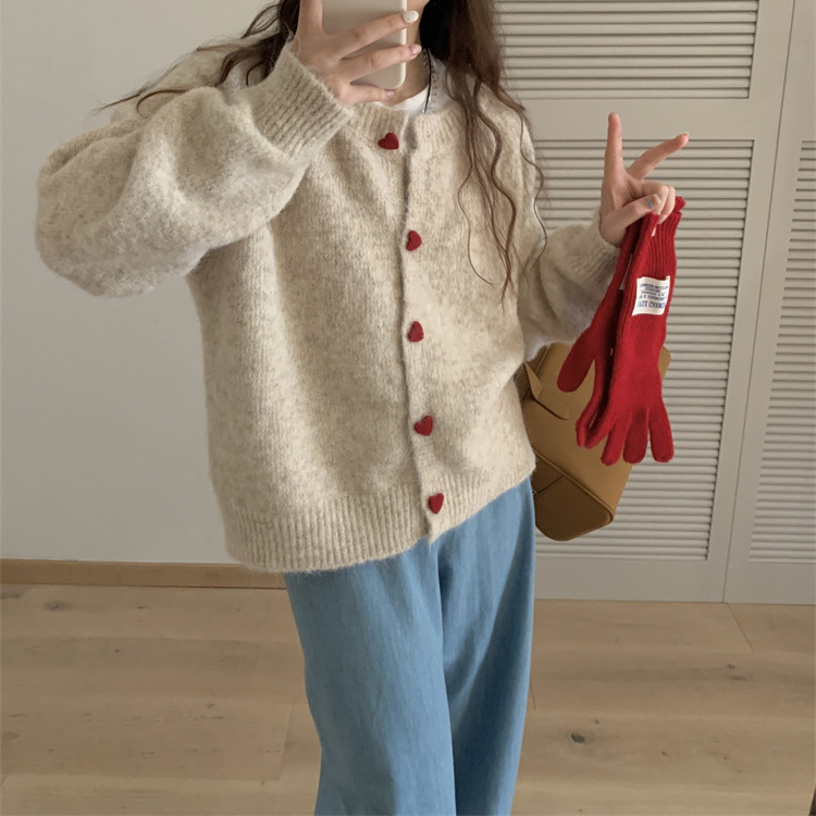 24 invierno Puyuan coreano amor gris botón de punto Cardigan mujeres perezosas viento 2024 otoño invierno