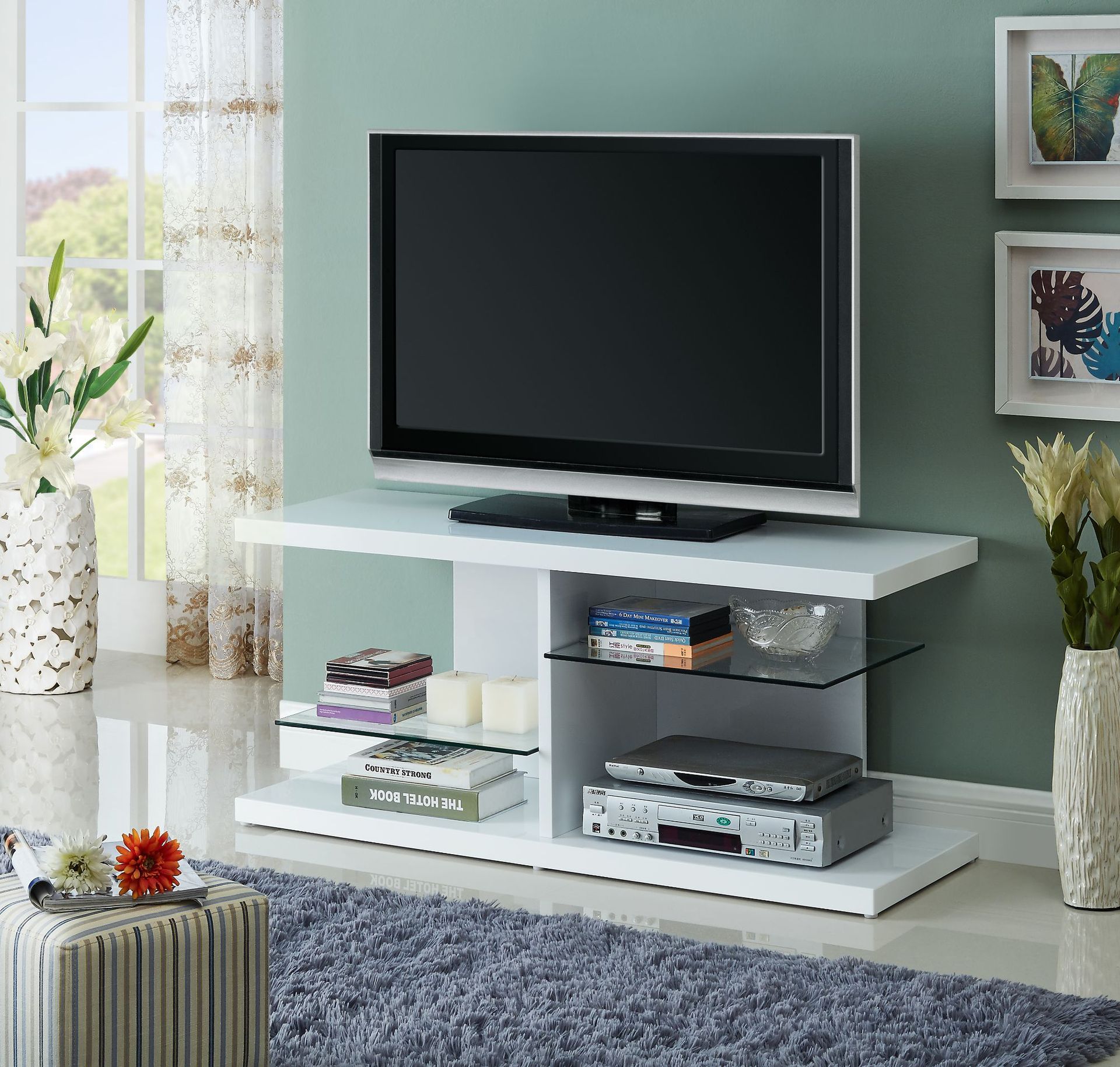 高亮光白色现代简约电视柜小巧储物柜小户型电视柜客厅轻奢家具