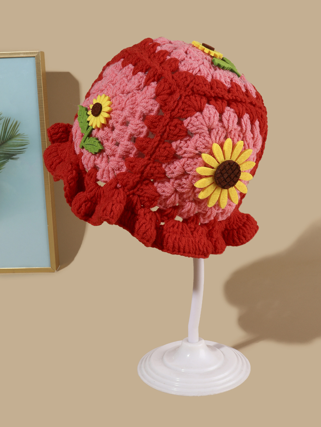 Cappello da pescatore con girasole tessuto a mano, autunno e inverno, carino cappello infantile con bordo a fungo, in lana all'uncinetto_voghion.com