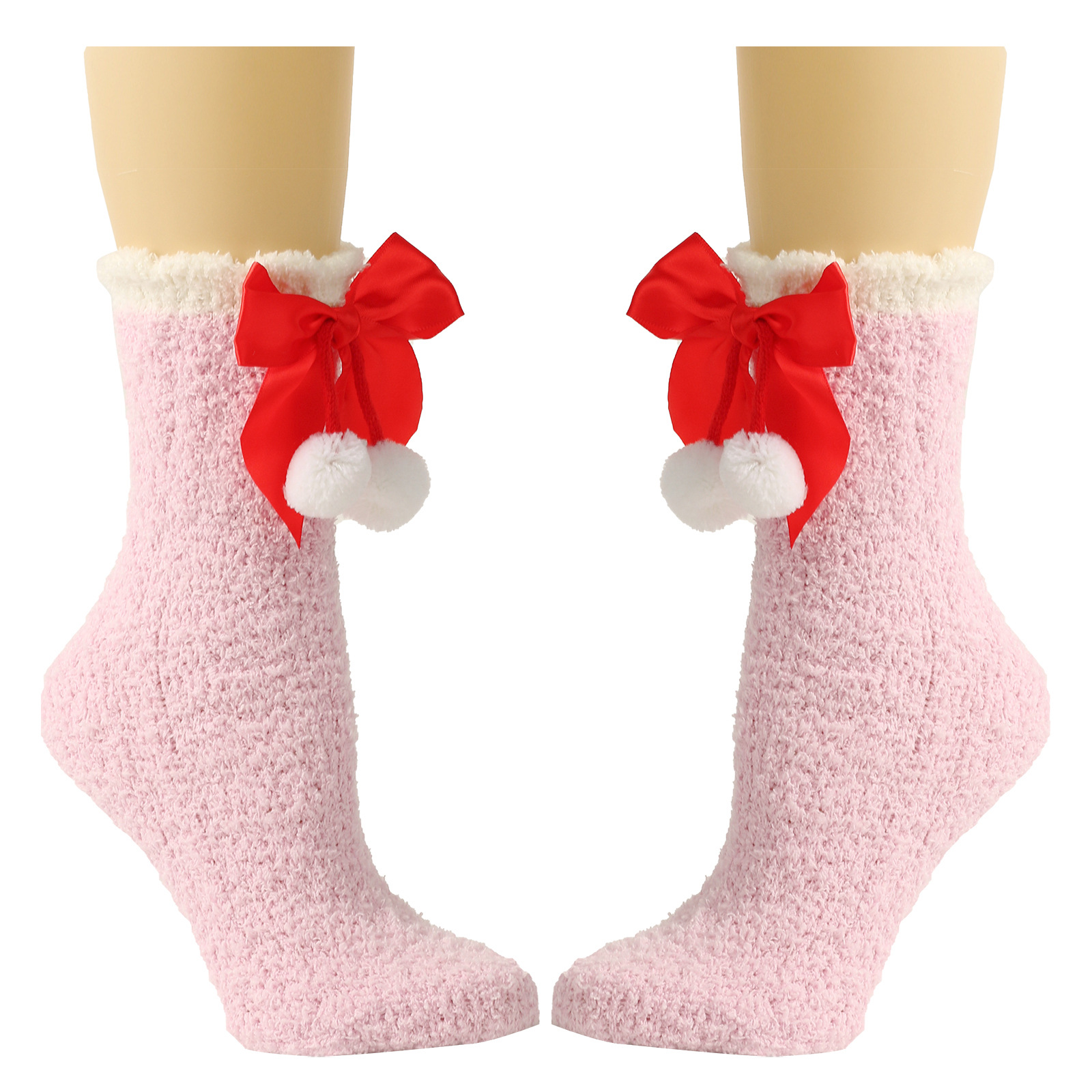 Calzini da donna Calzini spessi e caldi in peluche Calzini in pile corallo con fiocco Calzini a tubo medio autunnali e invernali Calzini con fiocco_voghion.com