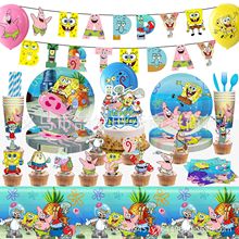新款海绵宝宝派大星主题儿童生日派对装饰用品纸盘卡通餐盘套装