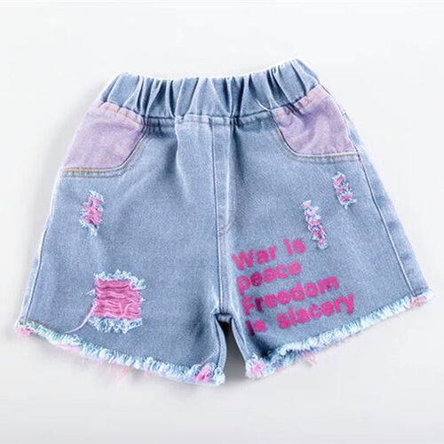 Girls' denim shorts 2024 new style fashionable children's high-waisted ripped pants for older kids and teenagers, thin wide-leg pants for girls