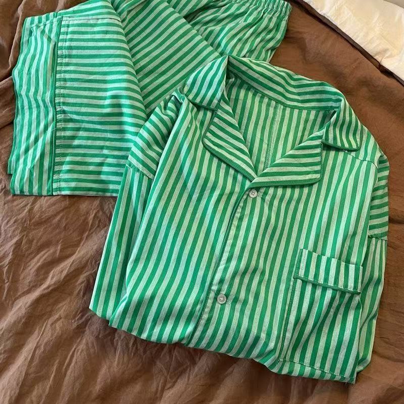 Korean-style green striped long-sleeve pajamas for women, spring and autumn 2026 new model, sweet and simple lazy-style home wear set