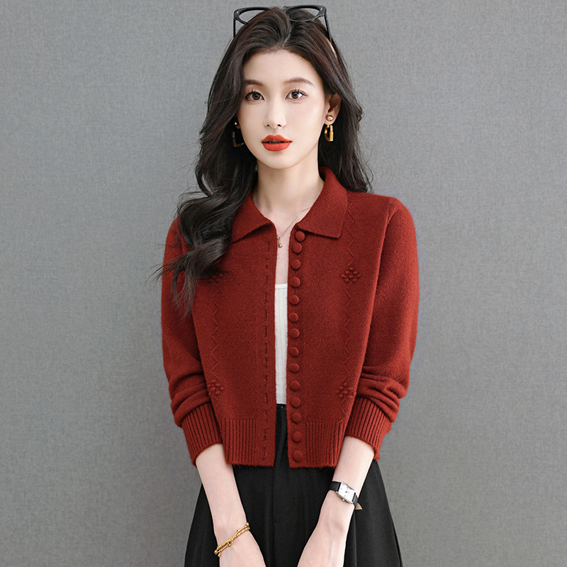 Knitted Cardigan Women's Autum New High-End Right Shoulder Pure Color Round Neck Woolen Sweater Long-Sleeved Sweater Jacket Top